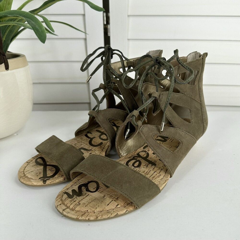Sam Edelman Dean Caged Gladiator Sandal Green Suede Leather Zip Shoe Size 7.5 M